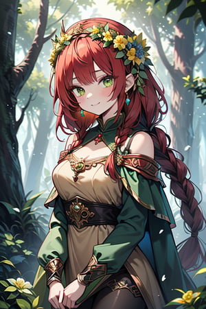 noble woman, princess, red hair, long braid, forest, medium chest, warrior, druid, green eyes, yellow dress,  good quality, masterpiece, hight,black pantyhose,loved by nature, kind face, noble smile, leader,green flower priestess costume,  flower crown.
