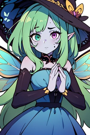 four arms, star fairy, wise look, blue dress, gray skin, time witch, wise, long hair,masterpiece, detailed, high quality, absurdres,purple eyes, green hair, four arms, 4 arms,  1 girl, seer,  no facial expressions, heterochromia, fairy wings with butterfly patterns resembling eyes, omnipresent, omniscient,blue hat with brown decoration of butterflies and stars,cracks in her face, puppet body, not human body, doll body, fake face, More Detail, green hair, lake fairy.
