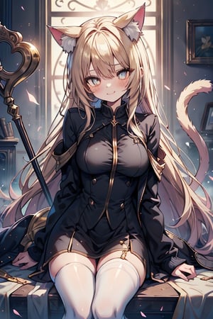 blonde, golden eyes, scholar, black jacket, elegant white, long golden stockings, confident smile, cat ears, 1 cat tail, nekomata, arrogant, narcissite, the most intelligent woman in the world, bearer of the eyes of knowledge, the combat genius, laughter, masterpiece, good quality, excellent quality, AIR_BETWEEN_EYES, STAFF, golden eyes, the pride fairy, long hair, perfect face, bright pupils (finely detailed). beautiful eyes,
