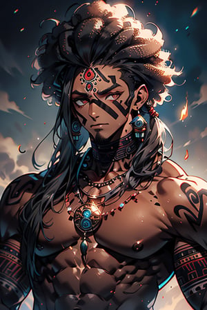 giant, muscular, ugly face, curly hair, black skin, Indian, tribal clothing, Mayan clothing, bone necklace.,dark skin,tan, man, masculine