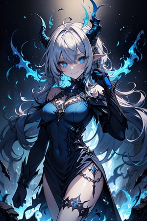 blue hair, deep blue eyes, aura of dark power, the primordial of the underworld, goddess of flames, sadistic, pointed ears, blue dress with white edges, right hand of lucifer, primordial goddess, masterpiece, very good quality, excellent quality , perfect face, small breasts, evil smile, egocentric, eyes with blue flames, horns, long sleeve, miniskirt, gothic, very long hair, emanates the power of destruction, adult, clothes burning with blue fire

