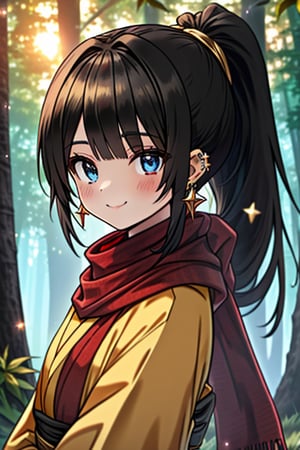 black hair, blue eyes, yellow Kimono
 outfit with black edges, a red scarf with gold stripes, the edges have small golden touches, friendly face, a black spandex that covers her entire body, headscarf, killer, happy smile , bangs, in the forest at night, masterpiece, star earrings, detailed, high quality, absurd, the strongest human of all, bringer of the world's hope, hair in ponytail,black lycra, masterpiece, excellent quality, excellent quality, perfect face.

