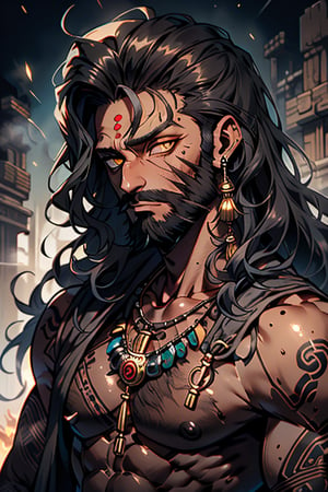 giant, muscular, ugly face, curly hair, black skin, Indian, tribal clothing, Mayan clothing, bone necklace.,dark skin,tan, man, masculine,  thick, golden eyes, yellow eyes, vagabond, unfortunate, long dirty beard, skinny, malnourished, haggard face, crazy



