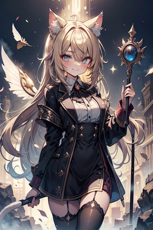 blonde, golden eyes, scholar, black jacket, elegant white, long golden stockings, confident smile, cat ears, 1 cat tail, nekomata, arrogant, narcissite, the most intelligent woman in the world, bearer of the eyes of knowledge, the combat genius, laughter, masterpiece, good quality, excellent quality, AIR_BETWEEN_EYES, STAFF, golden eyes, the pride fairy, long hair, perfect face, bright pupils (finely detailed). beautiful eyes,
