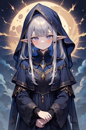 gray hair with blue tones, black witch clothes, moon earrings, gray eyes, dark circles, sleepy, dream witch, pointy ears, elf,  medium hair., veil.