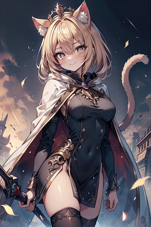 blonde, golden eyes, scholar, golden sorceress robe, queen's crown, long black stockings, smile, cat ears, 1 cat tail, nekomata, arrogant, narcissite, the most intelligent woman in the world, bearer of the eyes of knowledge , the genius of combat, laughter, masterpiece, good quality, excellent quality, AIR_BETWEEN_EYES, golden eyes, the fairy of pride, long hair, perfect face, bright pupils, (beautiful finely detailed eyes), metal dress, indomitable warrior, king's white cape, infinite swords.
