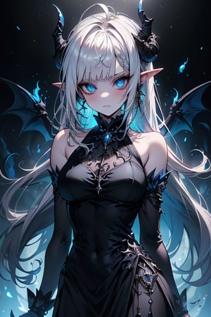 white hair, deep blue eyes, aura of dark power, the most powerful being in the world, queen of darkness, lost look, pointed ears, black dress with blue edges, killer of gods, the one who killed Lucifer, incarnation of the gods dragons, masterpiece, very good quality, excellent quality, perfect face, small breasts, serious face, dazed, calm, kuudere, eyes with blue flames, looking down, as if on top of the world, horns, fake goddess, bare shoulders, long skirt, gothic, Mullet Bangs, staring, sad expression, blue roses in her hair and her dress,emanates the power of chaos within her,black sclera.
