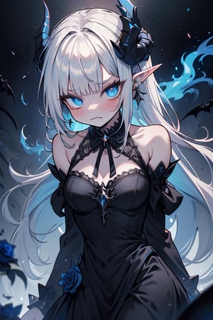 white hair, deep blue eyes, aura of dark power, the most powerful being in the world, queen of darkness, lost look, pointed ears, black dress with blue edges, killer of gods, the one who killed Lucifer, incarnation of the gods dragons, masterpiece, very good quality, excellent quality, perfect face, small breasts, serious face, dazed, calm, kuudere, eyes with blue flames, looking down, as if on top of the world, horns, vampire fangs, fake goddess, bare shoulders, long skirt, gothic, Mullet Bangs, staring, sad expression, blue roses in her hair and her dress.

