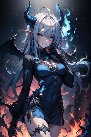 blue hair, deep blue eyes, aura of dark power, the primordial of the underworld, goddess of flames, sadistic, pointed ears, blue dress with white edges, right hand of lucifer, primordial goddess, masterpiece, very good quality, excellent quality , perfect face, small breasts, evil smile, egocentric, eyes with blue flames, horns, long sleeve, miniskirt, gothic, very long hair, emanates the power of destruction, adult, clothes burning with blue fire

