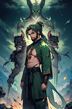 dark green hair, green eyes, hair in a ponytail, Buddhist, man, green robe, wide priest's pants, the strongest creature of all, the one sent by God, the shapeshifter, defined abdomen, masterpiece, perfect face, very good Quality, excellent quality, the warrior of the true gods, serious, monk,1boy, beard



