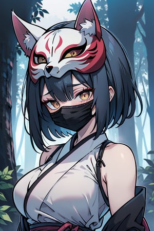 dark blue hair, pink kimono with black edges, a black spandex that covers her entire body, killer,  in the forest at night, masterpiece, detailed, high quality, absurd, the strongest human of all, bearer of the hope of the world, short hair, black lycra, masterpiece, excellent quality, excellent quality, perfect face, medium breasts,  (white fox mask: 1.2).