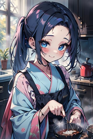 dark blue hair, blue eyes, simple pink kimono, friendly face, headscarf, happy smile, poor, no bangs, masterpiece, detailed, high quality, absurd, milf, face wrinkles, housewife, long hair with ponytail, masterpiece, excellent quality, excellent quality, perfect face, medium breasts, poor, peasant, dirty clothes, cook, kitchen, bare forehead, without bangs, apron

,monadef