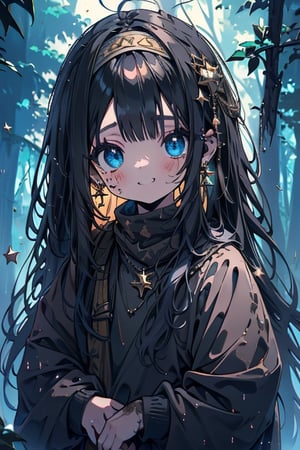 black hair, blue eyes, yellow attush, friendly face, headscarf, little girl, happy smile, bangs, in the forest at night, masterpiece, star earrings, detailed, high quality, absurd , strongest human being of all, bearer of the hope of the world, long hair, necklace of scales,perfect face,8 year old girl,
,best quality,Poor thing, dirty clothes, mud on the face.
