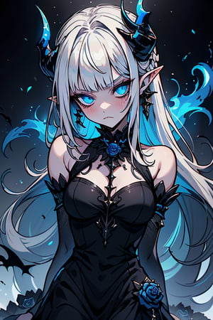 white hair, deep blue eyes, aura of dark power, the most powerful being in the world, queen of darkness, lost look, pointed ears, black dress with blue edges, killer of gods, the one who killed Lucifer, incarnation of the gods dragons, masterpiece, very good quality, excellent quality, perfect face, small breasts, serious face, dazed, calm, kuudere, eyes with blue flames, looking down, as if on top of the world, horns, fake goddess, bare shoulders, long skirt, gothic, Mullet Bangs, staring, sad expression, blue roses in her hair and her dress,emanates the power of chaos within her,black sclera.
