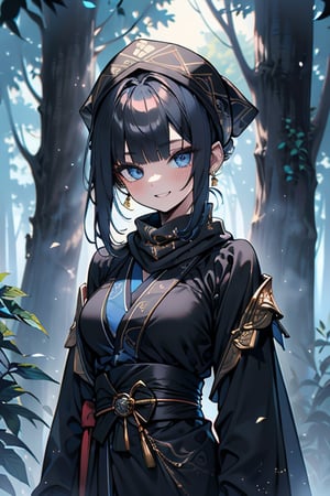 dark blue hair, blue eyes, gold kimono suit with black edges, friendly face, a black spandex that covers his entire body, headscarf, killer, happy smile, bangs, in the forest at night, masterpiece, detailed, high quality, absurd, the strongest human of all, bringer of the world's hope, short hair, black lycra, masterpiece, excellent quality, excellent quality, perfect face, medium breasts, black scarf, judge, lawyer, judge's robe , toga

