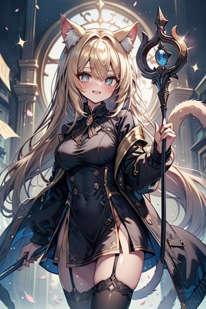 blonde, golden eyes, scholar, black jacket, elegant white, long golden stockings, confident smile, cat ears, 1 cat tail, nekomata, arrogant, narcissite, the most intelligent woman in the world, bearer of the eyes of knowledge, the combat genius, laughter, masterpiece, good quality, excellent quality, AIR_BETWEEN_EYES, STAFF, golden eyes, the pride fairy, long hair, perfect face, bright pupils (finely detailed). beautiful eyes,
