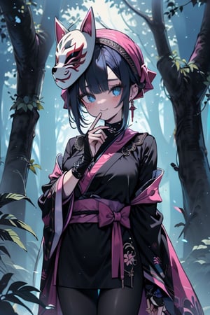 dark blue hair, blue eyes, pink kimono outfit with black edges, friendly face, a black spandex that covers his entire body, headscarf, killer, happy smile, bangs, in the forest at night, masterpiece, detailed, high quality, absurd, the strongest human of all, bringer of the world's hope, short hair, black lycra, black pantyhouse, masterpiece, excellent quality, excellent quality, perfect face, medium breasts,mask on hand, (black fox mask, mask on the hand, put on mask)
