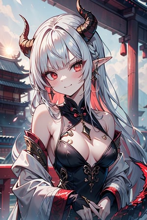 light red eyes, pointed horns, small breasts, beautiful, the woman who reflects the sun, the emperor's right hand, tail close to the body, the master of manipulation, Chinese temple, pointed ears, serious face, calm smile, red tail with light blue parts, dragon horns, gold jewelry, silver ring, diamond chain, white locks, white bangs, red hair and white locks, two-color hair, black qipa with gold trim, elegant.

