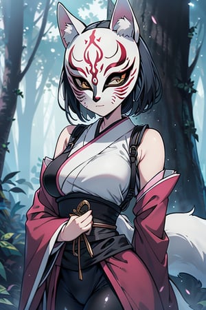 dark blue hair, pink kimono with black edges, a black spandex that covers her entire body, killer,  in the forest at night, masterpiece, detailed, high quality, absurd, the strongest human of all, bearer of the hope of the world, short hair, black lycra, masterpiece, excellent quality, excellent quality, perfect face, medium breasts,  (white fox mask: 1.2).