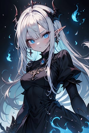 white hair, deep blue eyes, aura of dark power, the most powerful being in the world, the most powerful vampire on earth, queen of darkness, lost look, pointed ears, black dress with blue borders, killer of gods, the one who I finished with Lucifer, incarnation of the dragon gods, masterpiece, very good quality, excellent quality, perfect face,small breasts, serious and arrogant face, quiet, kuudere, eyes with blue flames, looking down, as if she were on top of the world.
