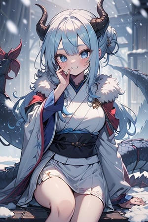 light blue hair, blue eyes, dragon horns, sorceress, magician's tunic, snow coat, smiling, mischievous, capricious, spoiled, pampered, white kimono, gadget sorceress, long hair up, long white skirt, good quality , masterpiece, excellent quality, perfect face, dragon tail.
