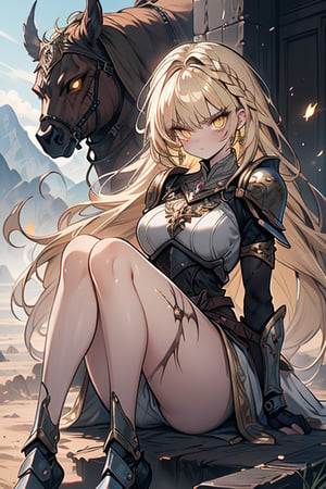 blonde, golden eyes, angry look, long hair, desert knight, hates magic, candys a long elegant white tunic, armor on her hands, legs and arms, gray and white dress, appearance of a warrior, strong woman, scars all over the body, golden eyes, perfect face, very good quality, masterpiece, excellent quality.,yellow eyes,blonde hair