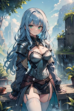 Woman with light blue hair, big, tall, the strongest warrior in the world, plate armor, cold jacket, pantyhouse, bracers, chest, green eyes, friendly, free spirit, religious, valley of plants, no bangs, long hair , charming smile, a wonderful person, medium breasts, long stockings,
