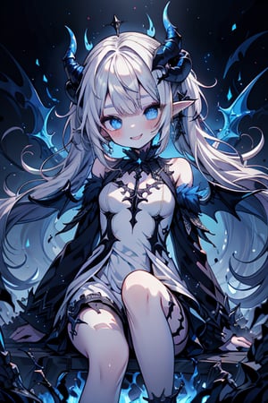 white hair, deep blue eyes, aura of dark power, the primordial of the underworld, goddess of flames, sadistic, pointed ears, white dress with blue edges, right hand of lucifer, primal goddess, masterpiece, very good quality, excellent quality , perfect face, small breasts, evil smile, egocentric, eyes with blue flames, horns, long sleeve, miniskirt, gothic, two pigtails, emanates the power of destruction, loli, small woman

