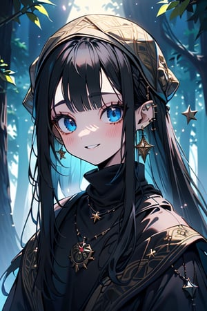 black hair, blue eyes, yellow attush, friendly face, headscarf, little girl, happy smile, bangs, in the forest at night, masterpiece, star earrings, detailed, high quality, absurd , strongest human being of all, bearer of the hope of the world, long hair, necklace of scales,perfect face,8 year old girl.
