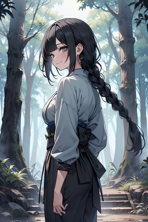 kind woman, black hair, medium hair, hair in braid down to her back, a single braid, dirty clothes, warrior, beast tamer, the killer of gods, black eyes, old clothes, alone, forest, kind smile, innocent, breasts small, tall woman, amazon, samurai, gray kimono jacket ideal for combat, wide pants, happy, friendly, good person,  masterpiece, good quality, swords well positioned at her waist, good hands, aquamarine belt.


