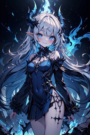 blue hair, deep blue eyes, aura of dark power, the primordial of the underworld, goddess of flames, sadistic, pointed ears, blue dress with white edges, right hand of lucifer, primordial goddess, masterpiece, very good quality, excellent quality , perfect face, small breasts, evil smile, egocentric, eyes with blue flames, horns, long sleeve, miniskirt, gothic, very long hair, emanates the power of destruction, adult, clothes burning with blue fire

