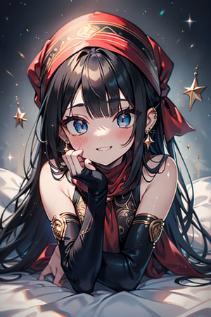 black hair, blue eyes, yellow babydoll with black edges, a red bandana with gold stripes, the edges have small gold touches, friendly face, a black spandex that covers her entire body, headscarf, killer, happy smile, bangs, masterpiece, star earrings, detailed, high quality, absurd, the strongest human of all, bearer of the world's hope, black lycra, masterpiece, excellent quality, excellent quality, perfect face, long hair, sexy pose, bed
