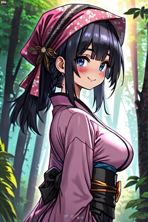 dark blue hair, blue eyes, pink kimono outfit with black edges, friendly face, a black spandex that covers his entire body, headscarf, killer, happy smile, bangs, in the forest at night, masterpiece, detailed, high quality, absurd, the strongest human of all, bringer of the world's hope, short hair, black lycra, masterpiece, excellent quality, excellent quality, perfect face, medium breasts,big ass,

