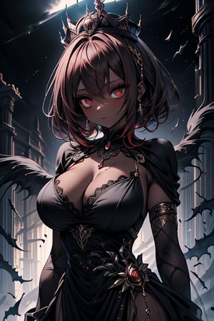 The queen of the abyss, queen costume, dark red hair, short hair, long dress close to the body, black eyes, the fastest woman in the world, tall, powerful, crown, the supreme empress, masterpiece, good quality, excellent quality , good resolution. Penetrating, expressive eyes and an athletic, powerful figure that reflects her skill in combat, pure darkness, alone, she is the darkness, the night, no light is seen, dark room, skin gray as ash, dark skin.
