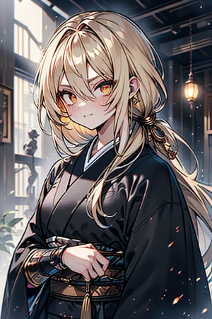 Blonde, long hair, golden eyes, asshole, man, strong, friendly, antisocial, long black kimono, silly, warrior, perfect face, good quality, excellent quality, masterpiece,
