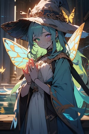 four arms, star fairy, wise look, blue dress, gray skin, time witch, wise, long hair,masterpiece, detailed, high quality, absurdres,purple eyes, green hair, four arms, 4 arms,  1 girl, seer,  no facial expressions, heterochromia, fairy wings with butterfly patterns resembling eyes, omnipresent, omniscient,blue hat with brown decoration of butterflies and stars,cracks in her face, puppet body, not human body, doll body, fake face, More Detail, green hair, lake fairy.