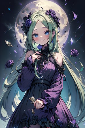 light green hair, blue eyes, long tunic with gothic skirt, black tiana, friendly face, egocentric, food lover, money lover, magic style long sleeved dress, happy smile, masterpiece, moon earrings, detailed, tall quality, absurd, the teleportation magician, long hair with roses, masterpiece, excellent quality, excellent quality, perfect face, Green hair, loli, small breasts, small height, purple clothes



