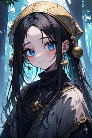 black hair, blue eyes, yellow attush, friendly face, headscarf, little girl, happy smile, bangs, in the forest at night, masterpiece, star earrings, detailed, high quality, absurd , strongest human being of all, bearer of the hope of the world, long hair, necklace of scales,perfect face,8 year old girl.
