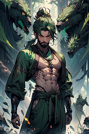 dark green hair, green eyes, hair in a ponytail, Buddhist, man, green robe, wide priest's pants, the strongest creature of all, the one sent by God, the shapeshifter, defined abdomen, masterpiece, perfect face, very good Quality, excellent quality, the warrior of the true gods, serious, monk,1boy, beard
