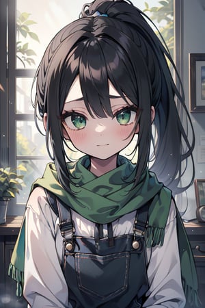 She is a woman of immeasurable beauty, black hair, long hair, green scarf, teenager, green eyes, gesticulated look, happy, egocentric, beautiful clothes, a masterpiece, detailed, high quality, very high resolution, peasant clothes , perfect face, poor, overalls, masterpiece, good quality, excellent quality, hair in a ponytail, headscarflittle girl, loli, young girl

