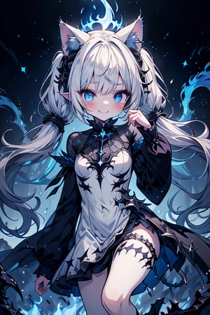 white hair, deep blue eyes, aura of dark power, the primordial of the underworld, goddess of flames, sadist, cat ears, cat tail, white dress with blue edges, right hand of lucifer, primordial goddess, masterpiece, very good quality, excellent quality, perfect face, small breasts, evil smile, egocentric, eyes with blue flames, horns, long sleeve, miniskirt, gothic, two pigtails, emanates the power of destruction, loli, small woman

