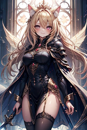 blonde, golden eyes, scholar, golden sorceress robe, queen's crown, long black stockings, smile, cat ears, 1 cat tail, nekomata, arrogant, narcissite, the most intelligent woman in the world, bearer of the eyes of knowledge , the genius of combat, laughter, masterpiece, good quality, excellent quality, AIR_BETWEEN_EYES, golden eyes, the fairy of pride, long hair, perfect face, bright pupils, (beautiful finely detailed eyes), metal dress, indomitable warrior, king's white cape, infinite swords.
