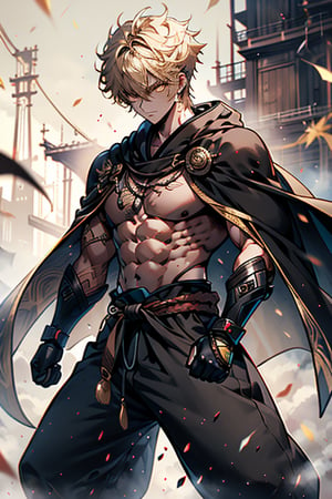 Blonde, short hair, golden eyes, asshole, man, strong, friendly, antisocial, long black kimono, muscular, dumb, warrior, perfect cape, good quality, excellent quality, masterpiece, wide martial arts pants.,yellow eyes,male focus,1boy