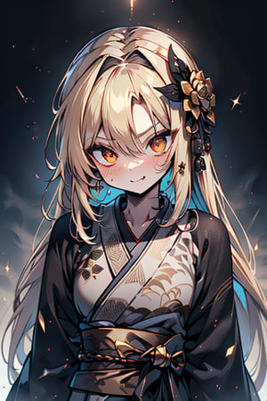 Blonde, long hair, golden eyes, asshole, man, strong, friendly, antisocial, long black kimono, silly, warrior, perfect face, good quality, excellent quality, masterpiece,
