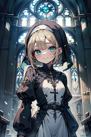 woman of extreme beauty, innocent, nun, loli, small body, green eyes, blonde hair, short hair, kind, bright smile, perfect face (beautiful finely detailed eyes), masterpiece, very good quality, excellent quality, church.
