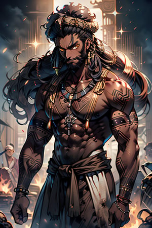 giant, muscular, ugly face, curly hair, black skin, Indian, tribal clothing, Mayan clothing, bone necklace.,dark skin,tan, man, masculine,  thick, golden eyes, yellow eyes, vagabond, unfortunate, long dirty beard.



