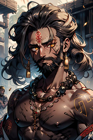 giant, muscular, ugly face, curly hair, black skin, Indian, tribal clothing, Mayan clothing, bone necklace.,dark skin,tan, man, masculine,  thick, golden eyes, yellow eyes, vagabond, unfortunate, long dirty beard, skinny, malnourished, haggard face, crazy



