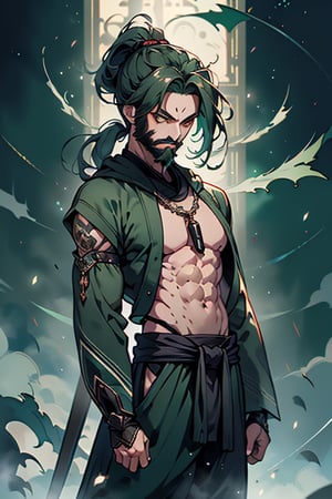 dark green hair, green eyes, hair in a ponytail, Buddhist, man, green robe, wide priest's pants, the strongest creature of all, the one sent by God, the shapeshifter, defined abdomen, masterpiece, perfect face, very good Quality, excellent quality, the warrior of the true gods, serious, monk,1boy, beard



