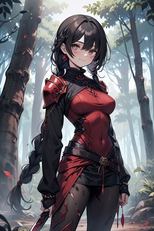 kind woman, black hair, long, hair in a long braid down to the back, dirty clothes, warrior, dual sword wielder, beast tamer, god slayer, gray eyes, old clothes, sweatshirt, alone, red armor covering her breasts, forest, kind, innocent smile, small breasts, tall woman, Amazon.

