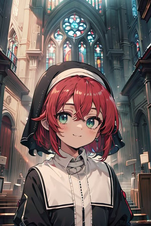 woman of extreme beauty, innocent, nun, loli, small body, green eyes, red hair, short hair, kind, bright smile, perfect face (beautiful finely detailed eyes), masterpiece, very good quality, excellent quality, church.
